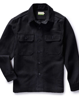 flatlay of The Good Acre Forge Overshirt in Black Canvas, Outerwear by Taylor Stitch