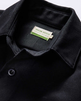 material shot of the collar on The Good Acre Forge Overshirt in Black Canvas, Outerwear by Taylor Stitch