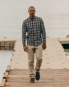 fit model walking wearing The Jack in Rinsed Indigo Plaid, Wovens by Taylor Stitch