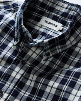 material shot of the collar on The Jack in Rinsed Indigo Plaid, Wovens by Taylor Stitch