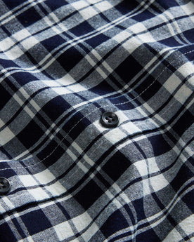 material shot of the buttons on The Jack in Rinsed Indigo Plaid, Wovens by Taylor Stitch