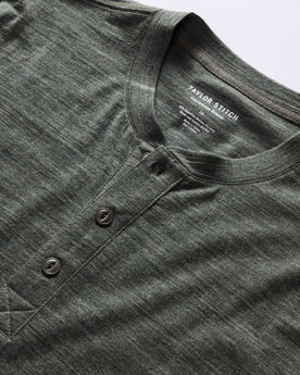material shot of the collar on The Merino Henley in Heather Army, Knits by Taylor Stitch