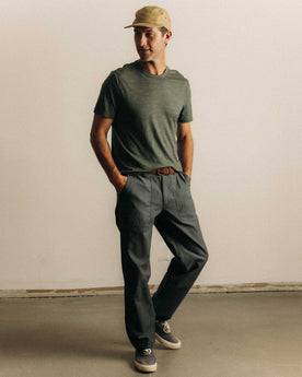 fit model showing off The Merino Tee in Heather Army, Knits by Taylor Stitch