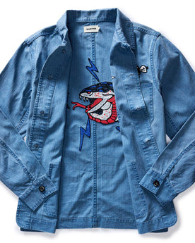 flatlay of The Ojai Jacket in Embroidered French Blue Herringbone open, Outerwear by Taylor Stitch