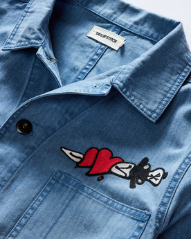 material shot of the collar on The Ojai Jacket in Embroidered French Blue Herringbone, Outerwear by Taylor Stitch