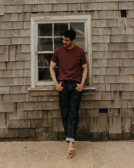 fit model showing off waffle detail on The Organic Cotton Short Sleeve Crew in Burgundy Waffle, Knits by Taylor Stitch