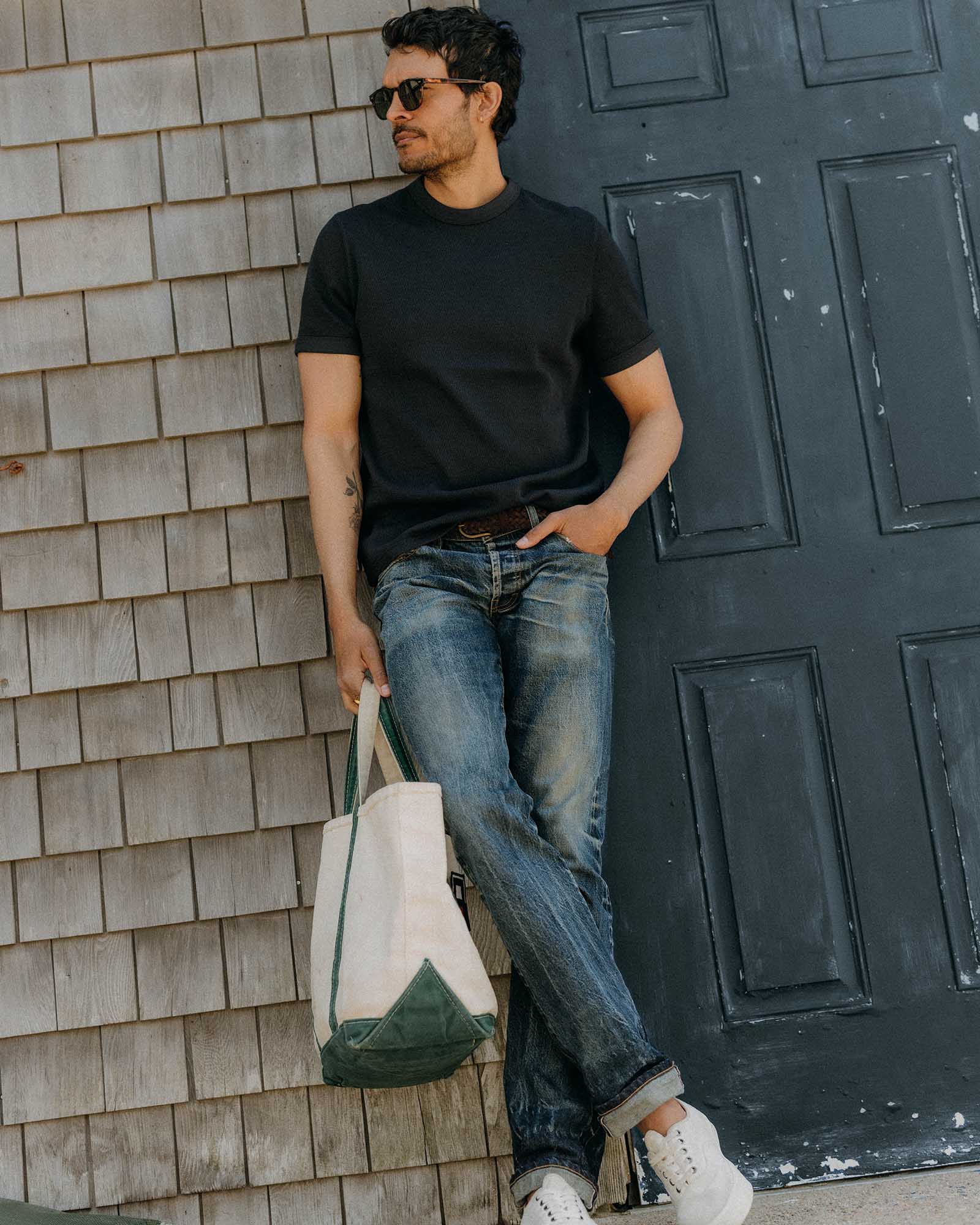 fit model showing off the waffle detail on The Organic Cotton Short Sleeve Crew in Dark Navy Waffle, Knits by Taylor Stitch