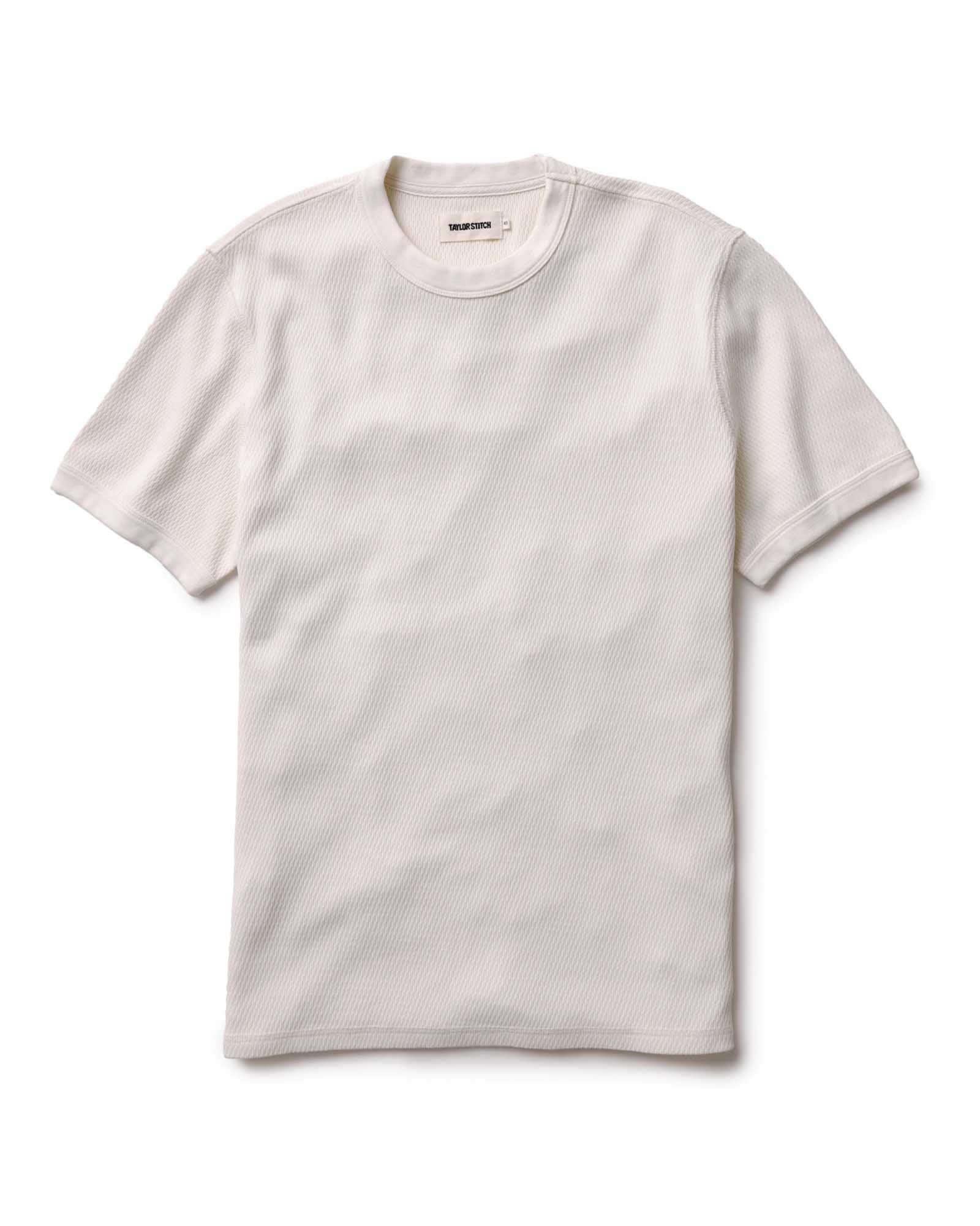 flatlay of The Organic Cotton Short Sleeve Crew in Vintage White Waffle, Knits by Taylor Stitch