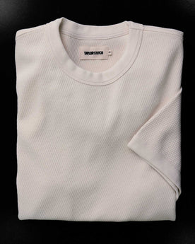 fit model with his hand in his pocket wearing The Organic Cotton Short Sleeve Crew in Vintage White Waffle, Knits by Taylor Stitch