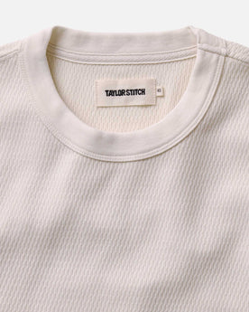 material shot of the collar on The Organic Cotton Short Sleeve Crew in Vintage White Waffle, Knits by Taylor Stitch
