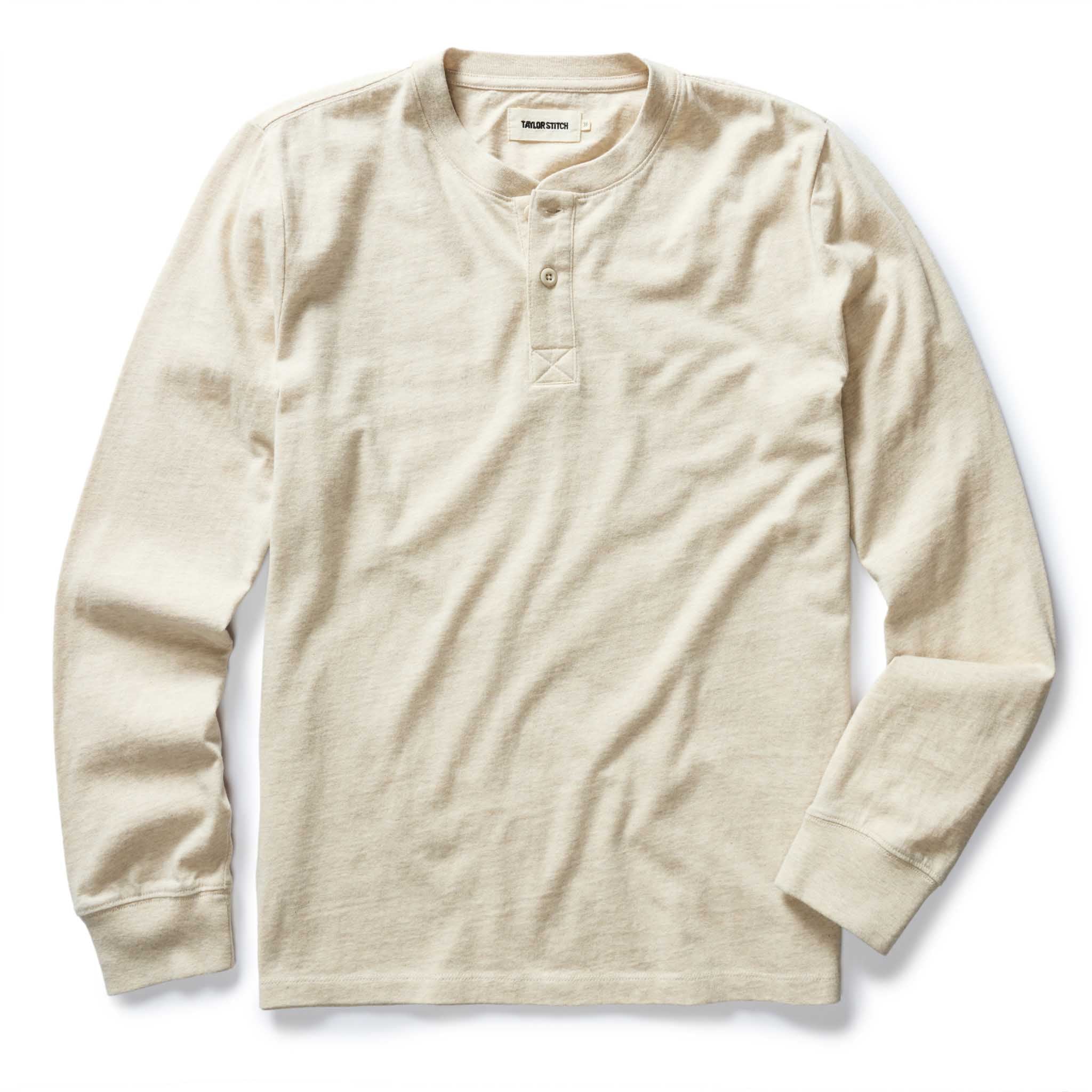 flatlay of The Organic Cotton Henley in Heather Oat, Knits by Taylor Stitch