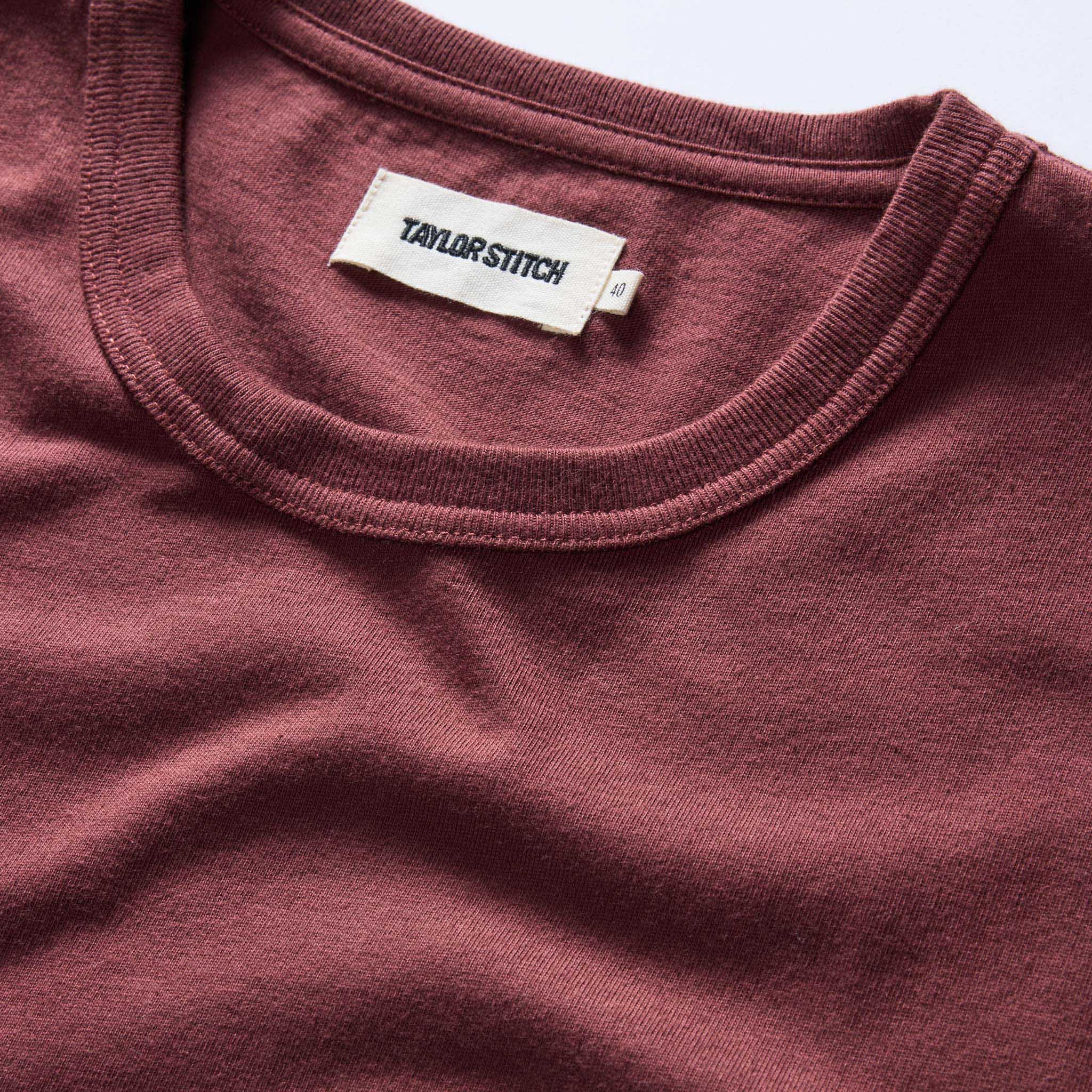 material shot of the collar on The Organic Cotton Tee in Dried Cherry, Knits by Taylor Stitch