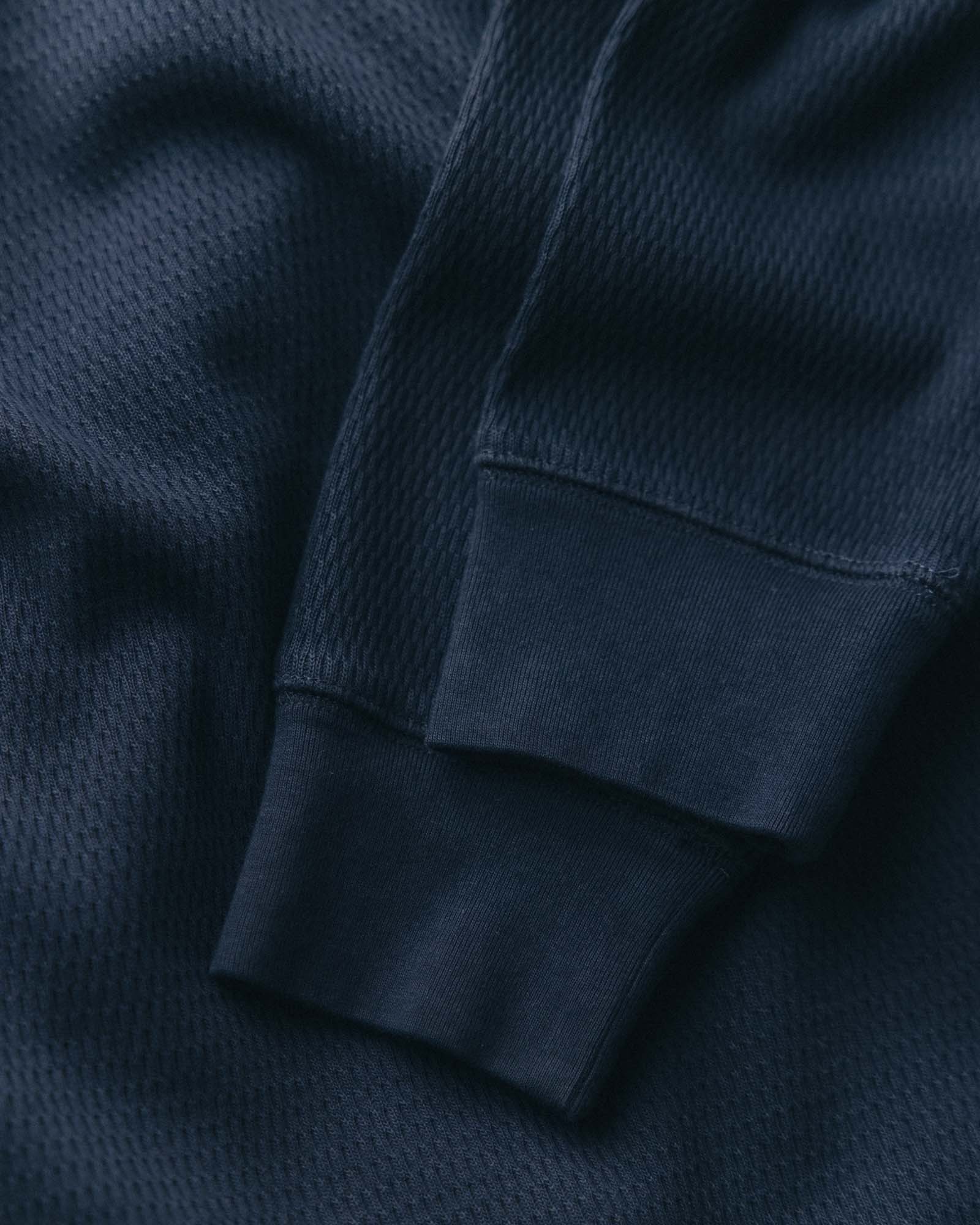 fit model in The Organic Cotton Waffle Crew Dark Navy, Knits by Taylor Stitch