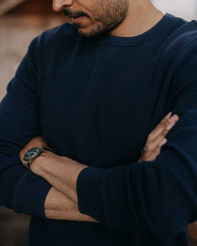fit model in The Organic Cotton Waffle Crew Dark Navy, Knits by Taylor Stitch