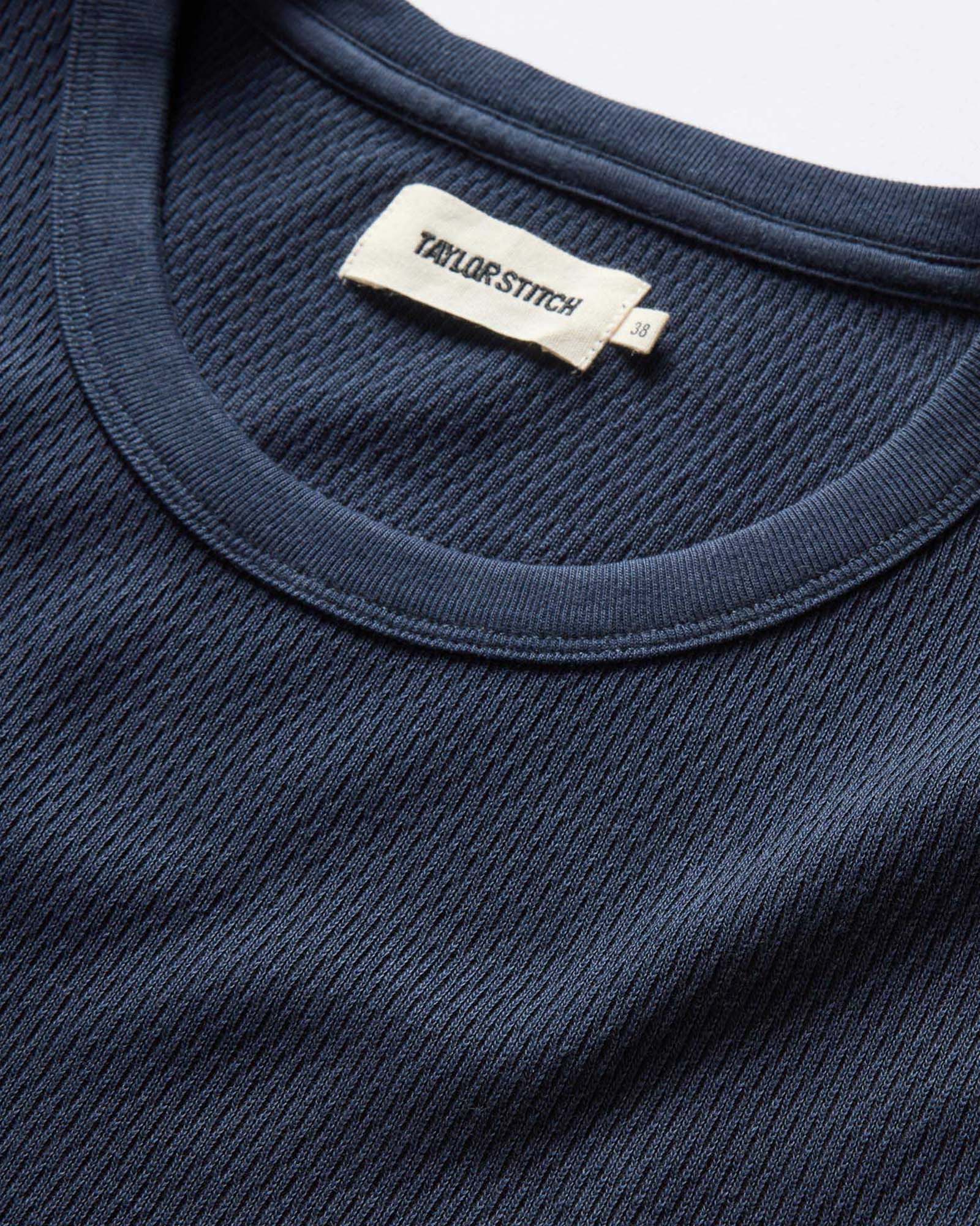 fit model showing the front of The Organic Cotton Waffle Crew Dark Navy, Knits by Taylor Stitch