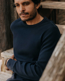 fit model showing the front of The Organic Cotton Waffle Crew Dark Navy, Knits by Taylor Stitch