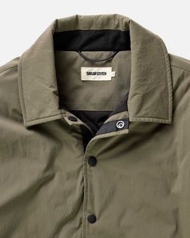 fit model showing off the back of The Ridgeline Overshirt in Fatigue Olive, Wovens by Taylor Stitch