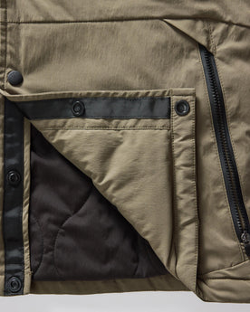 material shot of the buttons on The Ridgeline Overshirt in Fatigue Olive, Wovens by Taylor Stitch