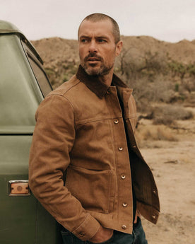 fit model posing in The Ryder Jacket in Tobacco Chipped Canvas, Outerwear by Taylor Stitch