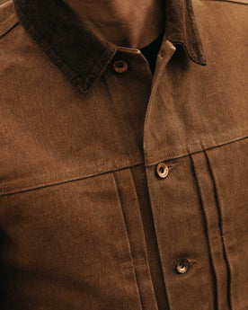 fit model adjusting the collar on The Ryder Jacket in Tobacco Chipped Canvas, Outerwear by Taylor Stitch