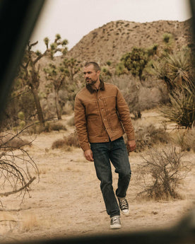 fit model showing off the back of The Ryder Jacket in Tobacco Chipped Canvas, Outerwear by Taylor Stitch