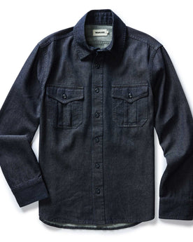 flatlay of The Saddler Shirt in Indigo Broken Twill, Wovens by Taylor Stitch