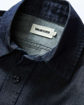 material shot of the collar on The Saddler Shirt in Indigo Broken Twill, Wovens by Taylor Stitch