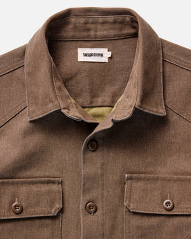 fit model walking wearing The Shop Shirt in Aged Penny Chipped Canvas, Wovens by Taylor Stitch