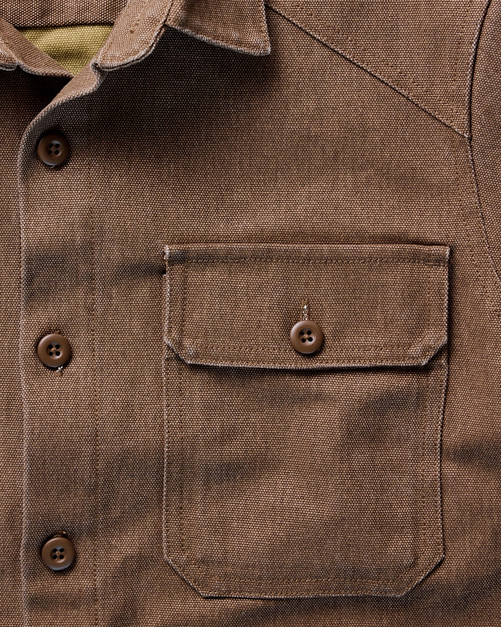 material shot of the collar on The Shop Shirt in Aged Penny Chipped Canvas, Wovens by Taylor Stitch