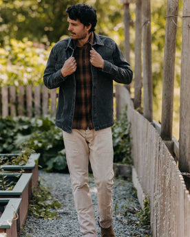 fit model walking wearing The Shop Shirt in Coal Chipped Canvas, Wovens by Taylor Stitch
