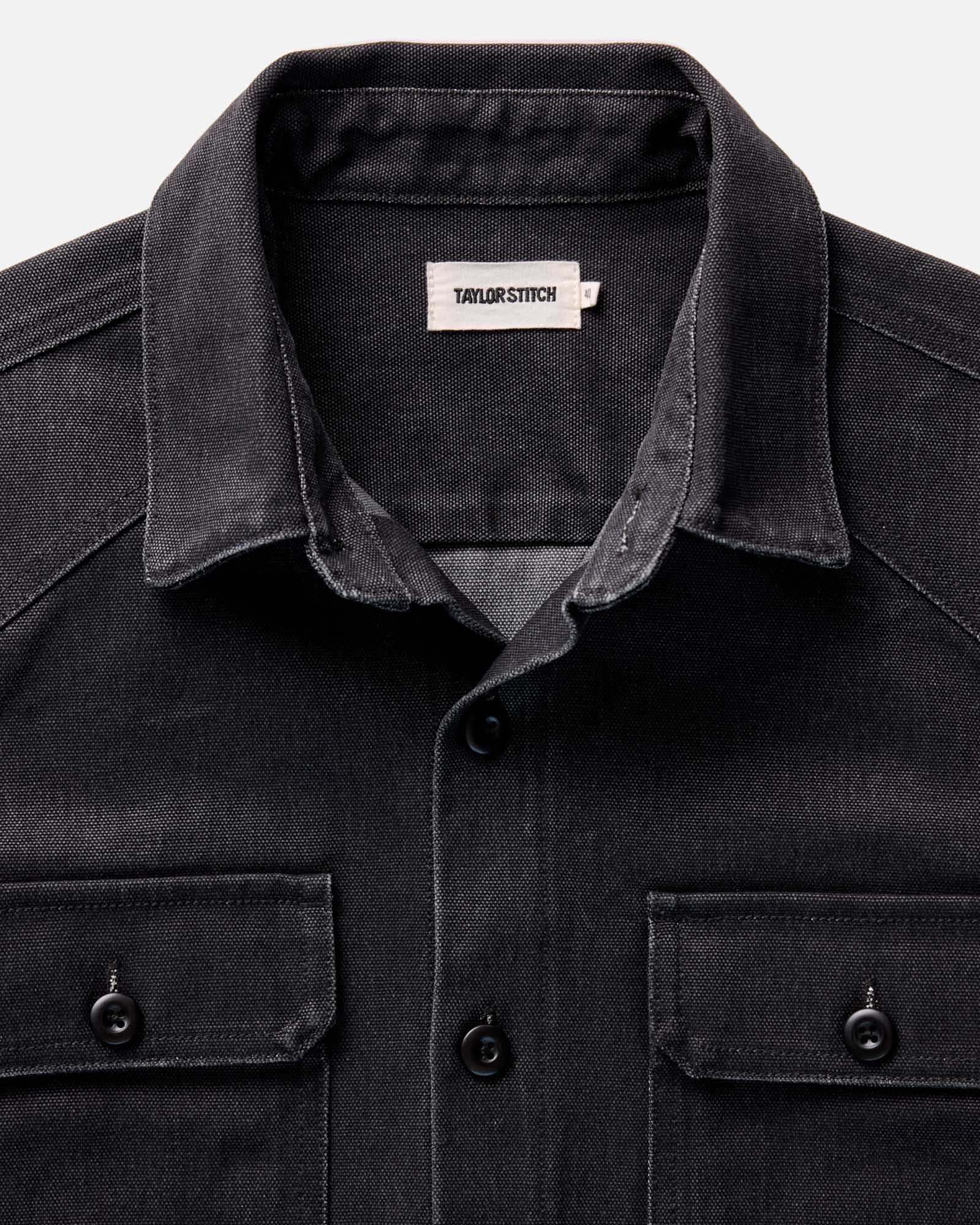 material shot of the collar on The Shop Shirt in Coal Chipped Canvas, Wovens by Taylor Stitch
