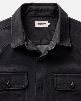 material shot of the collar on The Shop Shirt in Coal Chipped Canvas, Wovens by Taylor Stitch