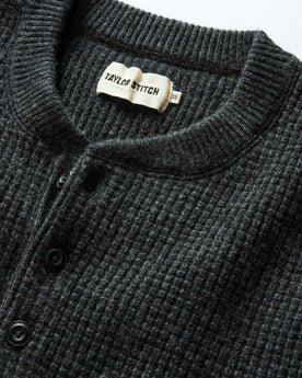 material shot of the buttons on The Sidecountry Sweater in Heather Coal Merino Waffle, Knits by Taylor Stitch