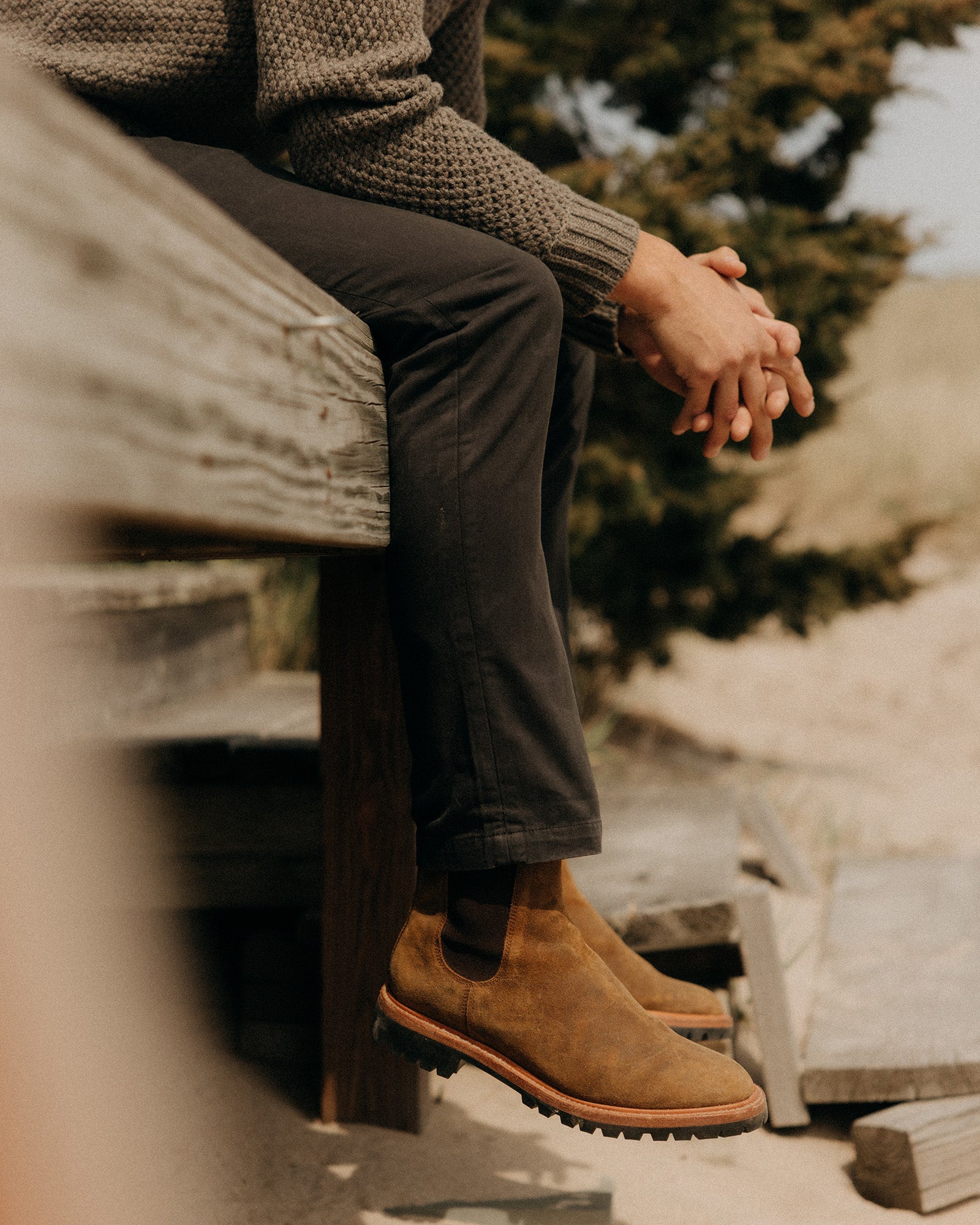 fit model walking in The Slim Foundation Pant in Organic Faded Black, Bottoms by Taylor Stitch