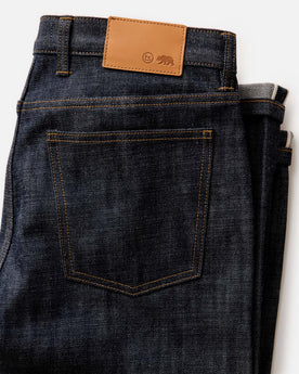 material shot of the waistband on The Slim Jean in Rigid Organic Selvedge, Bottoms by Taylor Stitch