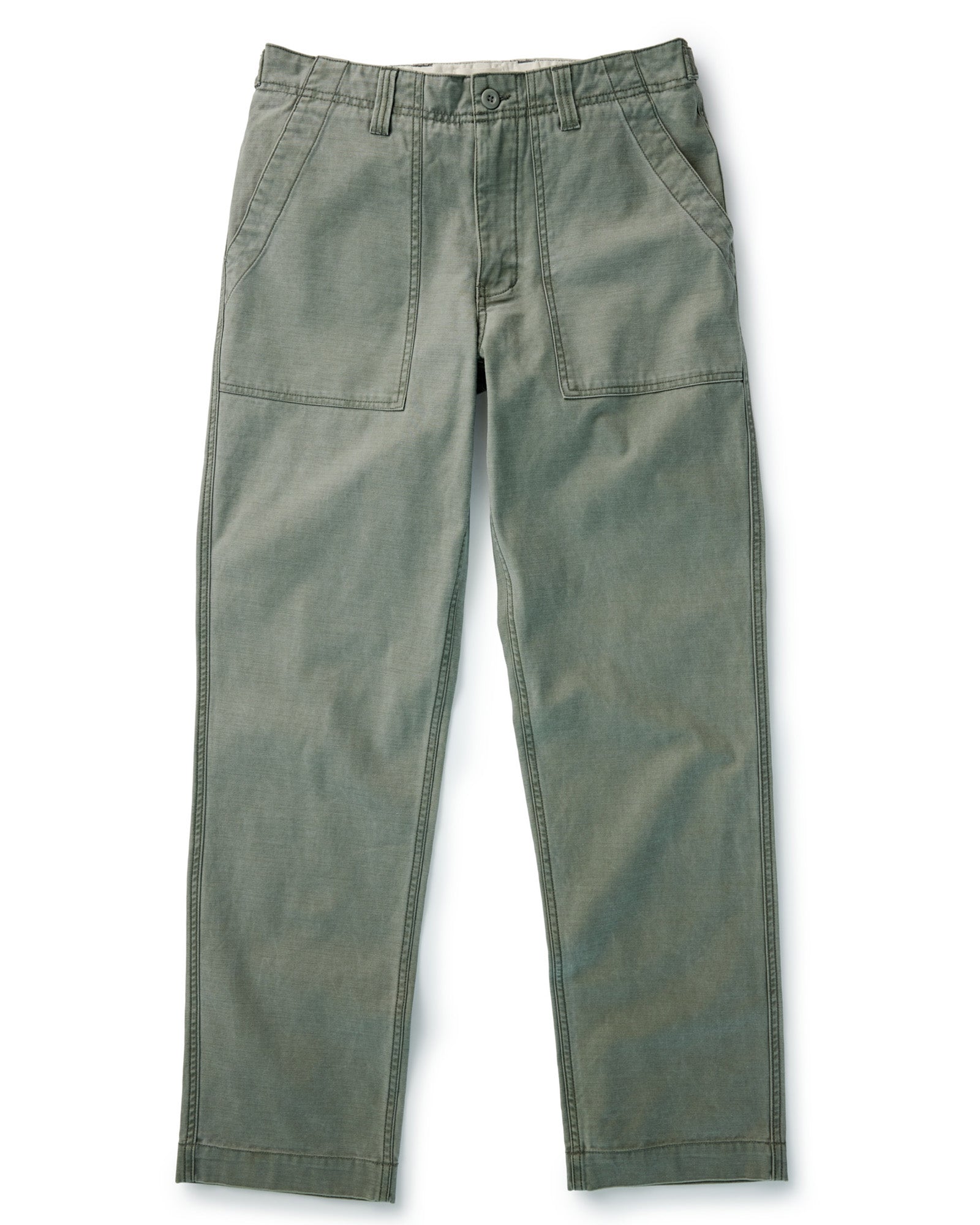 flatlay of The Surplus Pant in Field Olive Reverse Sateen, Bottoms by Taylor Stitch