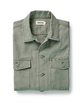 flatlay of The Surplus Shirt in Field Olive Reverse Sateen, Wovens by Taylor Stitch