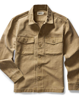 flatlay of The Surplus Shirt in Khaki Reverse Sateen, Wovens by Taylor Stitch