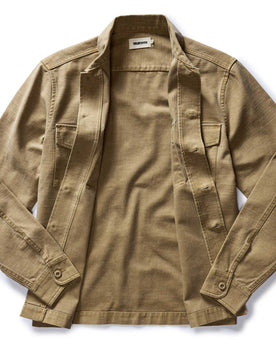 flatlay of The Surplus Shirt in Khaki Reverse Sateen open, Wovens by Taylor Stitch