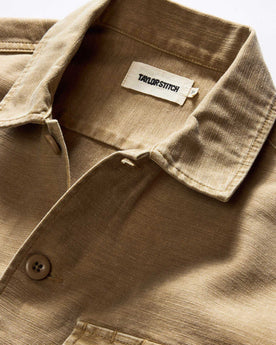 material shot of the collar on The Surplus Shirt in Khaki Reverse Sateen, Wovens by Taylor Stitch