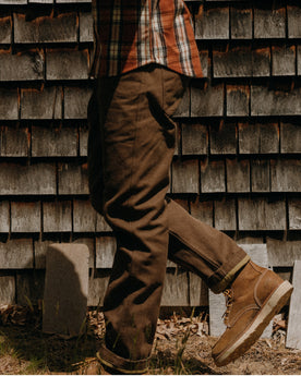 fit model showing off the cuffs on The Camp Pant in Aged Penny Chipped Canvas, Bottoms by Taylor Stitch