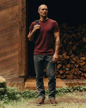 fit model posing in The Camp Pant in Coal Chipped Canvas, Bottoms by Taylor Stitch