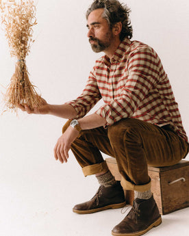 fit model showing off bottom hem on The Carnegie Pant in Bourbon Corduroy, Bottoms by Taylor Stitch