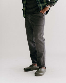 fit model showing off double knee on The Chore Pant in Coal Chipped Canvas, Bottoms by Taylor Stitch