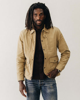 fit model wearing The Pathfinder Waxed Canvas Jacket in Khaki Dry Wax, Outerwear by Taylor Stitch