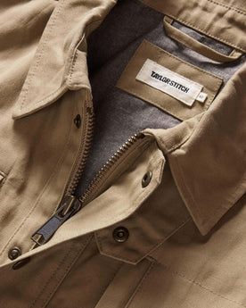 material shot of the collar on The Pathfinder Jacket in Khaki Dry Wax, Outerwear by Taylor Stitch