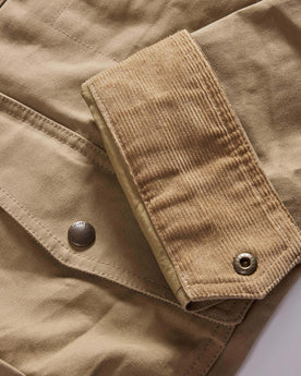 material shot of the cuff on The Pathfinder Jacket in Khaki Dry Wax, Outerwear by Taylor Stitch