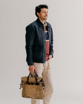 fit model wearing The Pathfinder Jacket in Dark Navy Dry Wax, Outerwear by Taylor Stitch