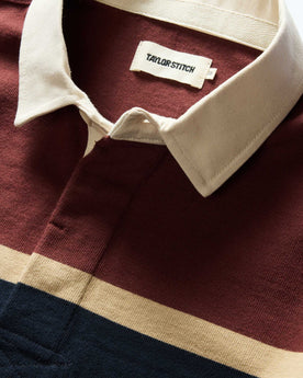 material shot of the collar on The Rugby Shirt in Dried Cherry Stripe, Knits by Taylor Stitch