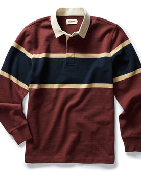 flatlay of The Rugby Shirt in Dried Cherry Stripe, Knits by Taylor Stitch